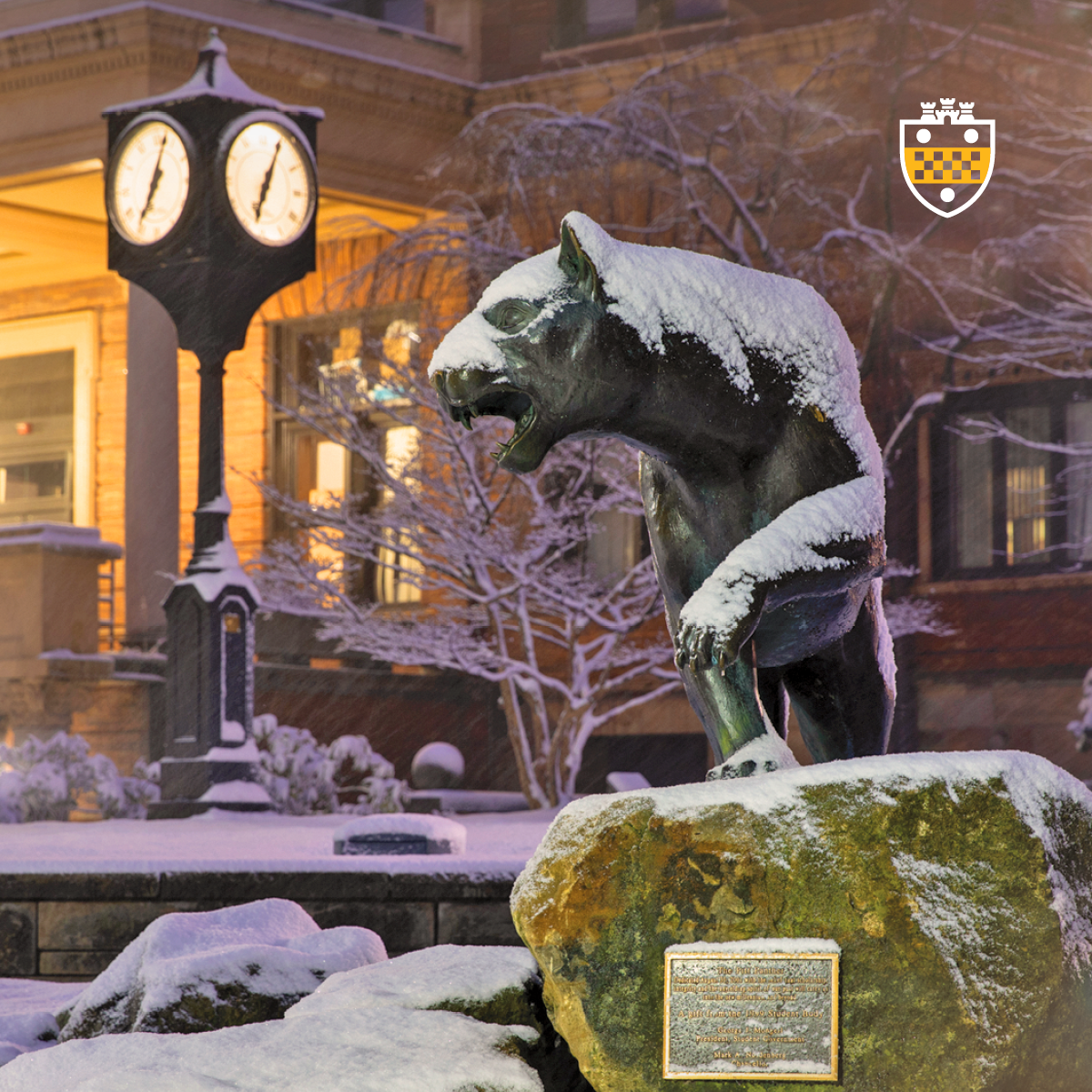 Snow on Campus Panther Statue