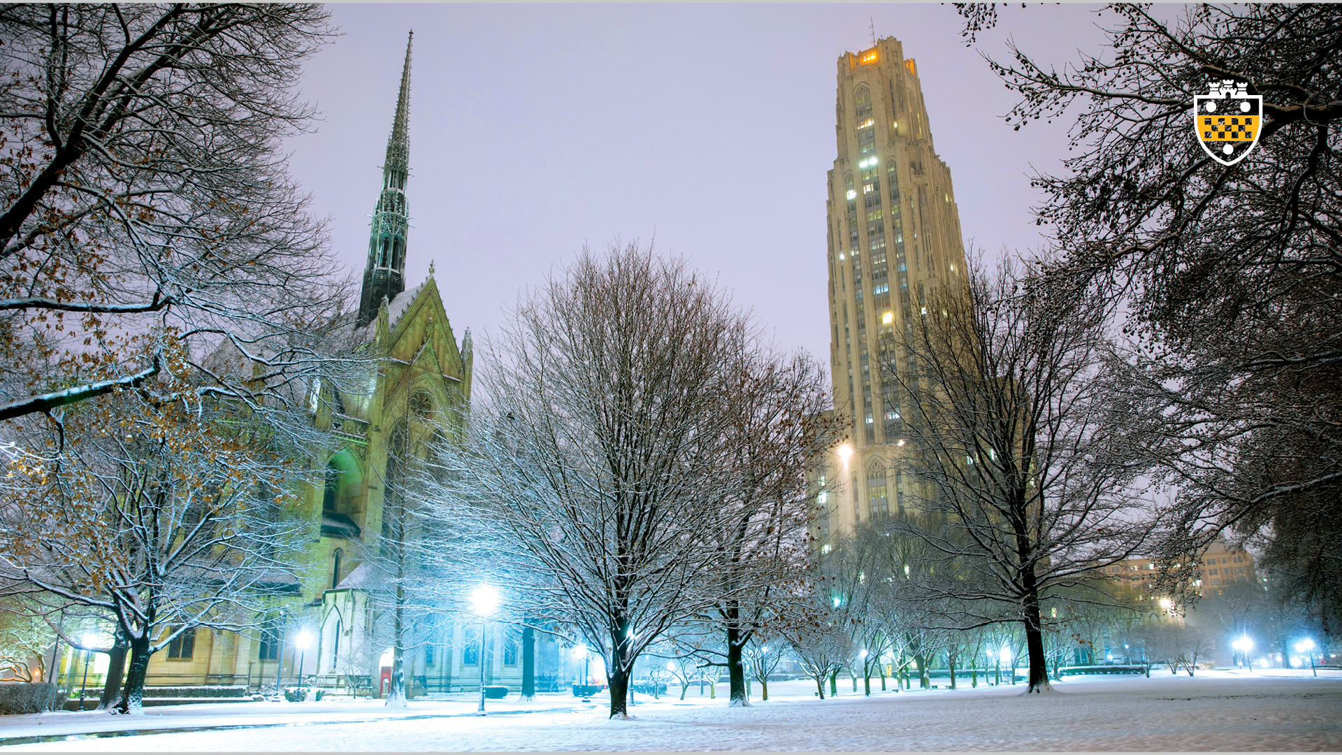 Snow on campus cathedral