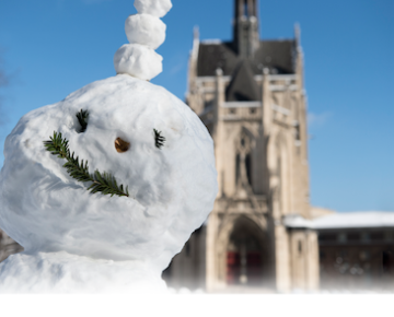 Snowman in front of Heinz Chapel